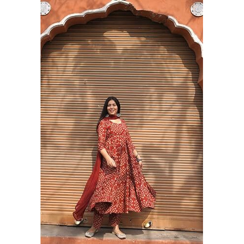 Gosriki Women's Rayon Viscose Anarkali Printed Kurta With Pant & Dupatta (Acacio Red-Gs_L_Red_Large)