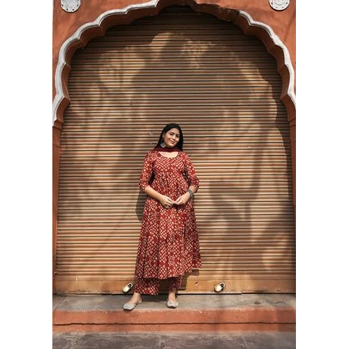 Gosriki Women's Rayon Viscose Anarkali Printed Kurta With Pant & Dupatta (Acacio Red-Gs_L_Red_Large)