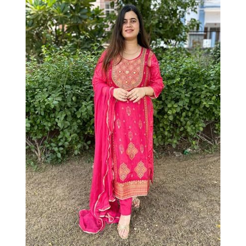 Gosriki Women's Rayon Viscose Printed Straight Kurta With Pant & Dupatta (Villag Pink-Gs_S_Pink_Small)