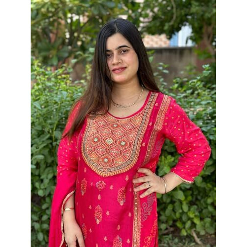 Gosriki Women's Rayon Viscose Printed Straight Kurta With Pant & Dupatta (Villag Pink-Gs_S_Pink_Small)