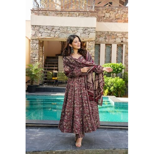 Gosriki Women's Rayon Viscose Anarkali Printed Kurta With Pant & Dupatta (Mahathi Multi-Gs_L_Multicolor_Large)