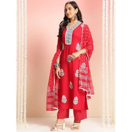 Gosriki Women's Rayon Viscose Printed Straight Kurta With Pant & Dupatta (Belagavi Red-Vks04-Gs_5Xl_Red_Xxxxx-Large)
