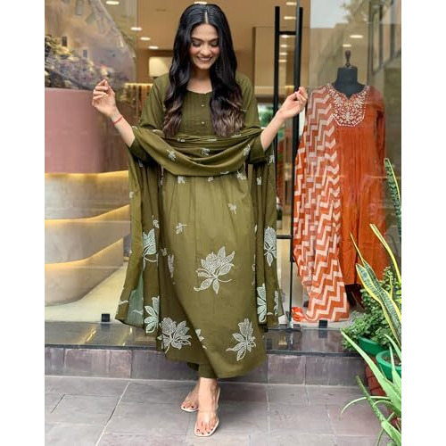 Gosriki Women's Rayon Viscose Anarkali Printed Kurta With Pant & Dupatta (Gangori Mehandi-Vks01-Gs_M_Mehandi_Medium)