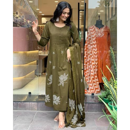 Gosriki Women's Rayon Viscose Anarkali Printed Kurta With Pant & Dupatta (Gangori Mehandi-Vks01-Gs_M_Mehandi_Medium)