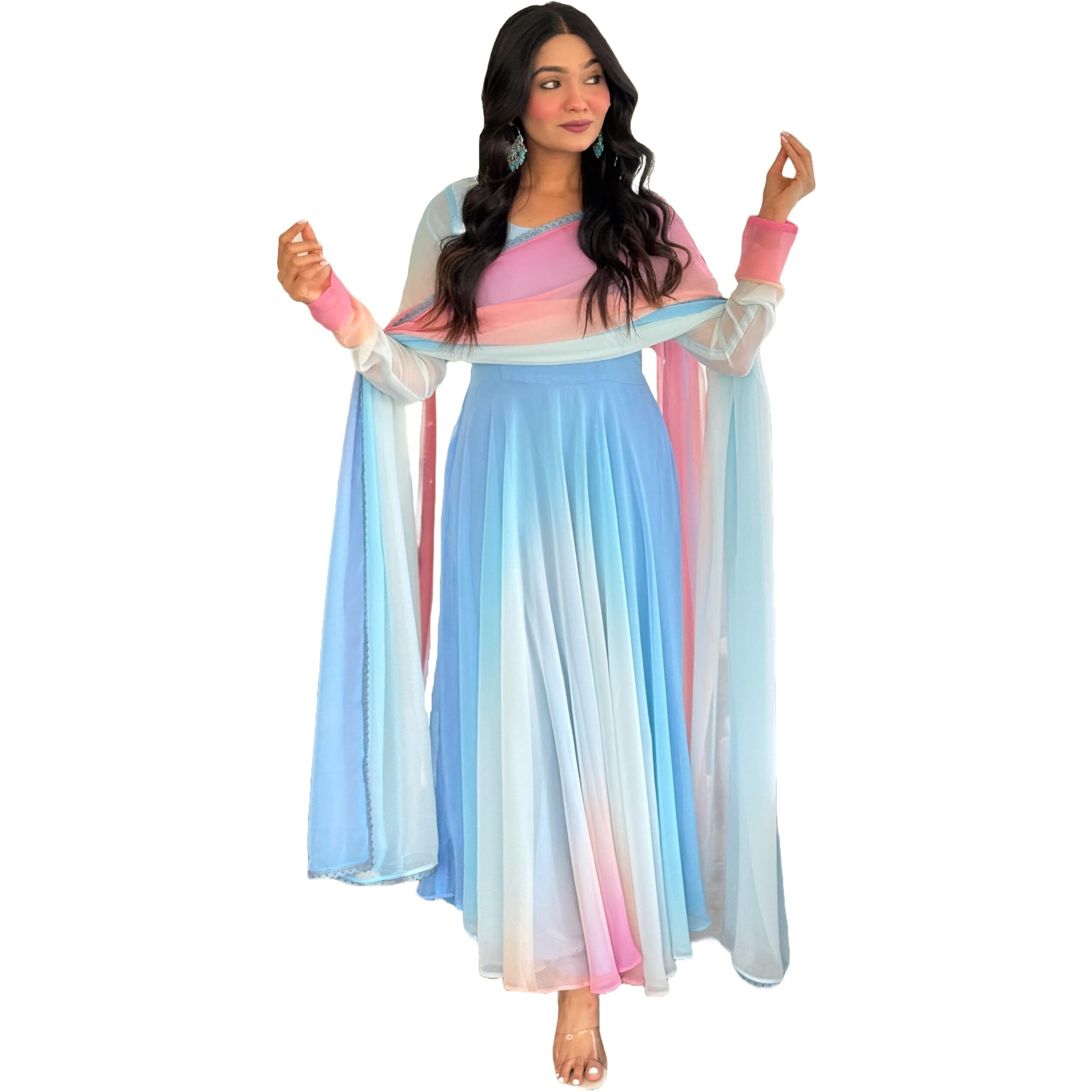 Gosriki Women's Georgette Anarkali Solid Kurta With Pant & Dupatta (Sade Sky-Vks02-Gs_L_Sky Blue_Large)