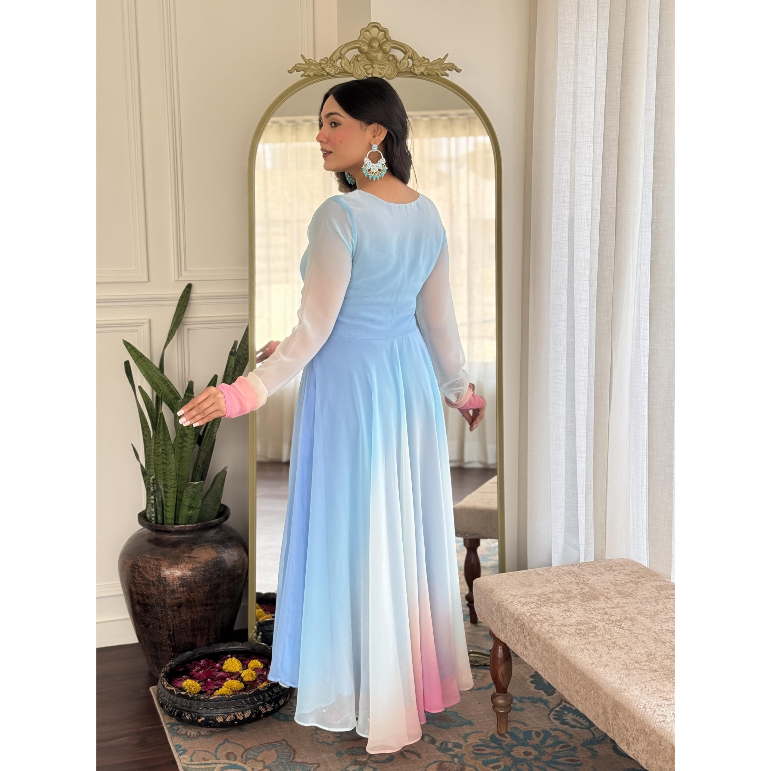 Gosriki Women's Georgette Anarkali Solid Kurta With Pant & Dupatta (Sade Sky-Vks02-Gs_L_Sky Blue_Large)