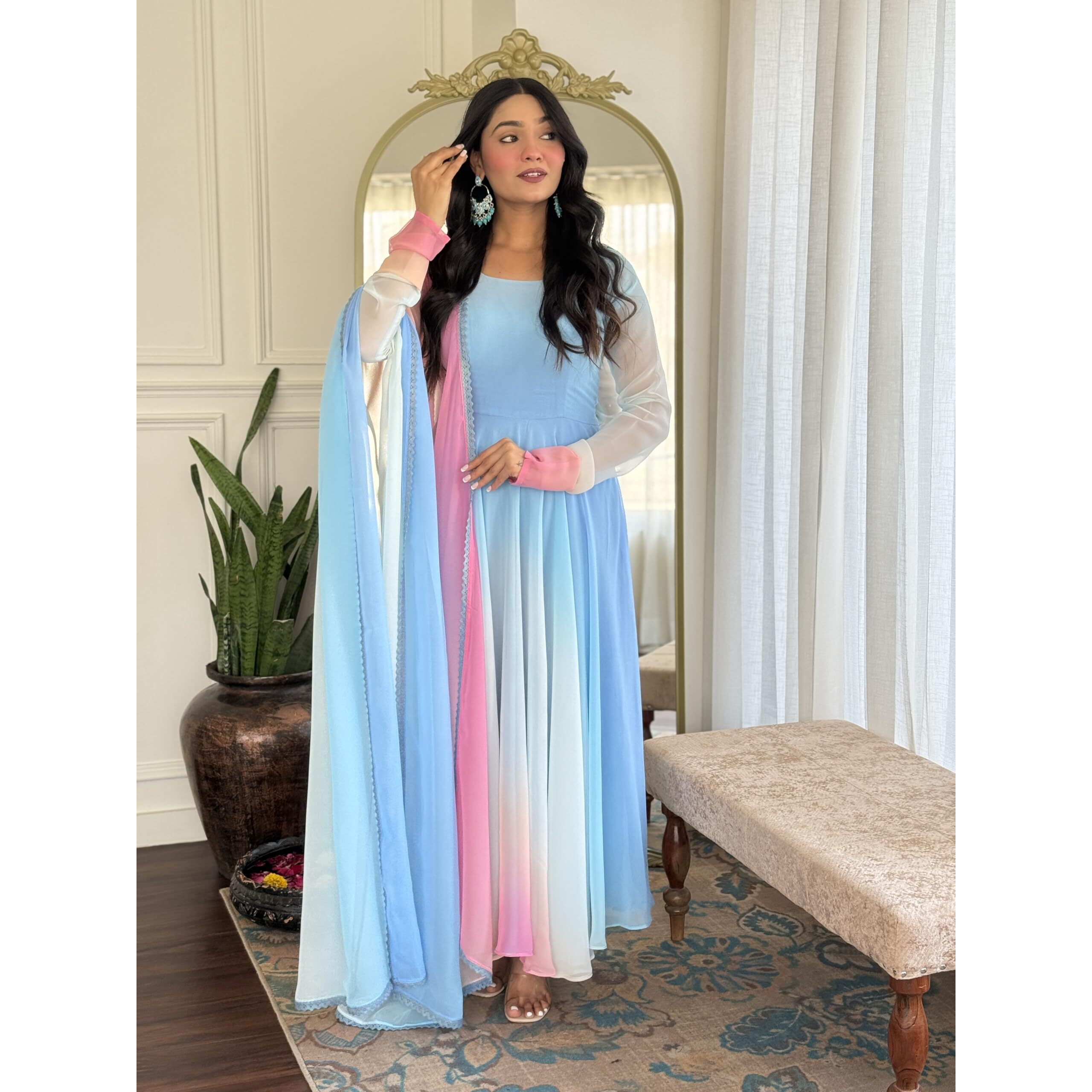 Gosriki Women's Georgette Anarkali Solid Kurta With Pant & Dupatta (Sade Sky-Vks02-Gs_L_Sky Blue_Large)
