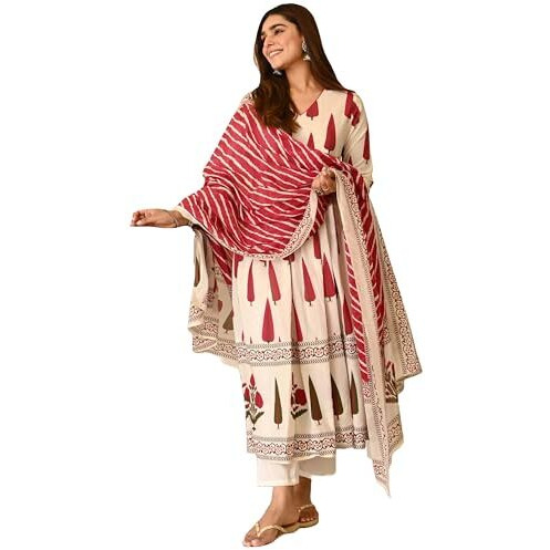 Gosriki Women's Rayon Viscose Anarkali Printed Kurta With Pant & Dupatta (Mrigaya Cream-Gs_L_Cream_Large)