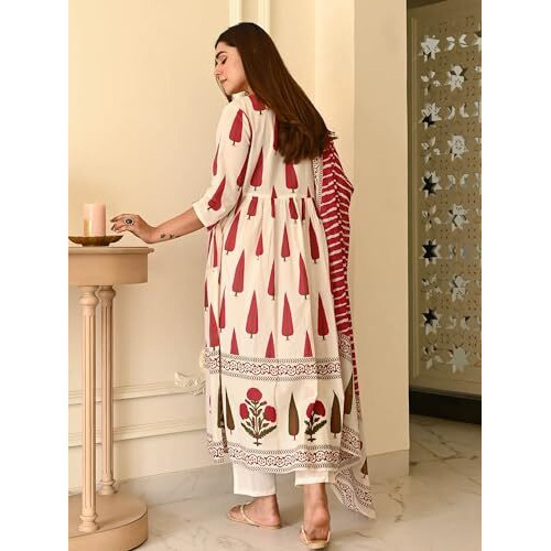 Gosriki Women's Rayon Viscose Anarkali Printed Kurta With Pant & Dupatta (Mrigaya Cream-Gs_L_Cream_Large)