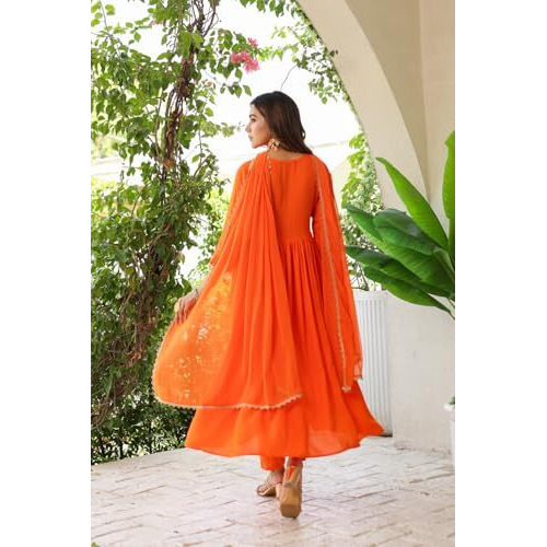 Gosriki Women's Rayon Viscose Anarkali Solid Kurta With Pant & Dupatta (Garbo Orange-Vks05-Gs_M_Orange_Medium)