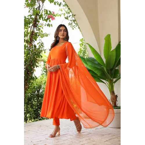 Gosriki Women's Rayon Viscose Anarkali Solid Kurta With Pant & Dupatta (Garbo Orange-Vks05-Gs_M_Orange_Medium)
