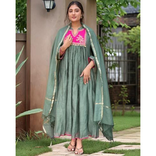 Gosriki Women's Rayon Viscose Embroidered Anarkali Kurta With Pant & Dupatta (Brics Pista-Vks02-Gs_Xxl_Pista_Xx-Large)