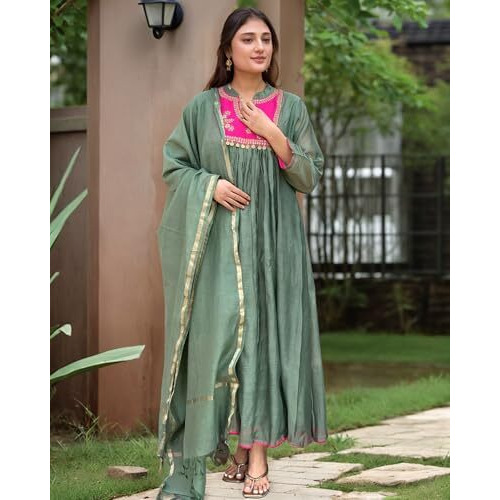 Gosriki Women's Rayon Viscose Embroidered Anarkali Kurta With Pant & Dupatta (Brics Pista-Vks02-Gs_Xxl_Pista_Xx-Large)
