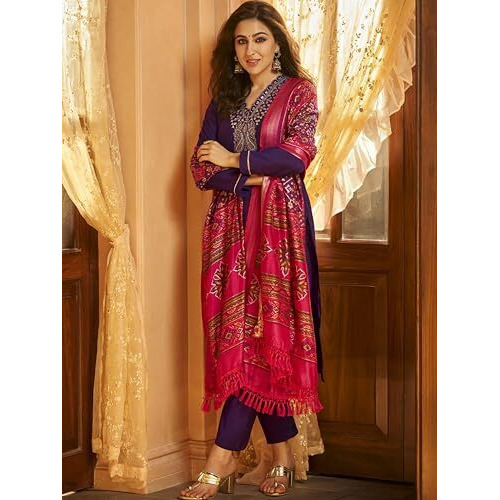 Gosriki Women's Rayon Viscose Embroidered Straight Kurta With Pant & Dupatta (Guzarish Begani-Gs_S_Begani_Small)