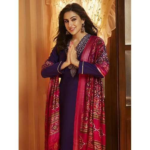 Gosriki Women's Rayon Viscose Embroidered Straight Kurta With Pant & Dupatta (Guzarish Begani-Gs_S_Begani_Small)