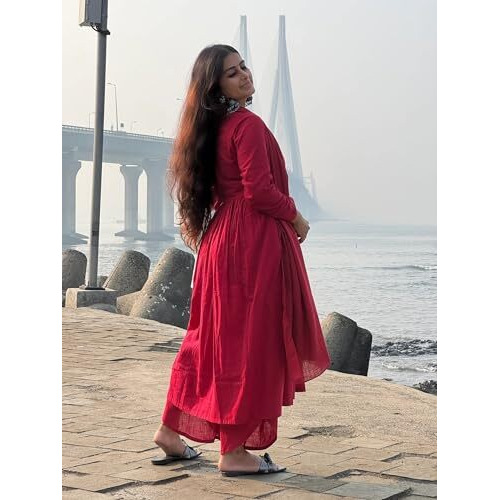 Gosriki Women's Rayon Viscose A-Line Solid Kurta With Palazzo & Dupatta (Nibar Red-Vks01-Gs_L_Red_Large)
