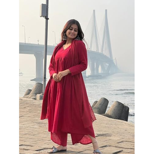 Gosriki Women's Rayon Viscose A-Line Solid Kurta With Palazzo & Dupatta (Nibar Red-Vks01-Gs_L_Red_Large)