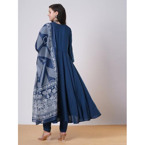 Gosriki Women's Rayon Viscose Solid Anarkali Kurta With Pant & Dupatta (Friday Blue-Vks01-Gs_S_Blue_Small)