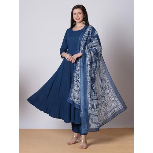 Gosriki Women's Rayon Viscose Solid Anarkali Kurta With Pant & Dupatta (Friday Blue-Vks01-Gs_S_Blue_Small)