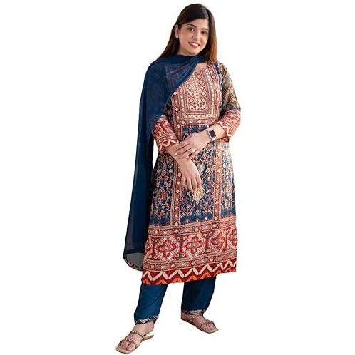 Gosriki Women's Rayon Viscose Printed Straight Kurta With Pant & Dupatta (Ipsita Multi-Gs_M_Multicolor_Medium)