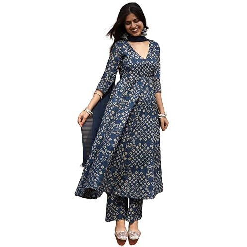 Gosriki Women's Rayon Viscose Anarkali Printed Kurta With Pant & Dupatta (Acacio Blue-Gs_S_Blue_Small)