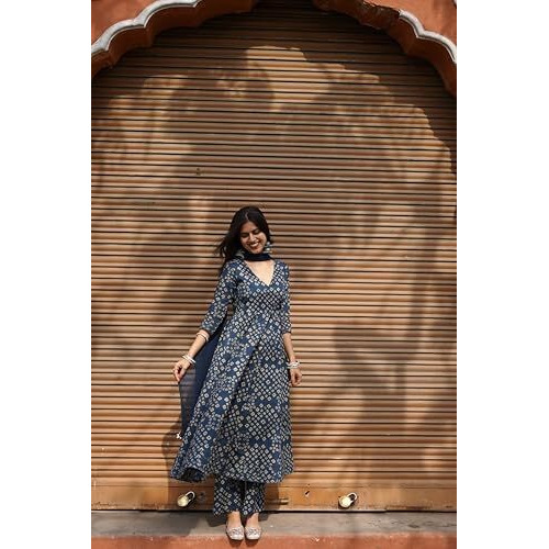 Gosriki Women's Rayon Viscose Anarkali Printed Kurta With Pant & Dupatta (Acacio Blue-Gs_S_Blue_Small)