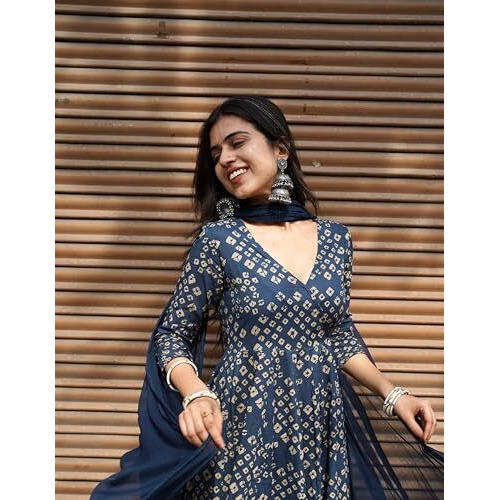 Gosriki Women's Rayon Viscose Anarkali Printed Kurta With Pant & Dupatta (Acacio Blue-Gs_S_Blue_Small)