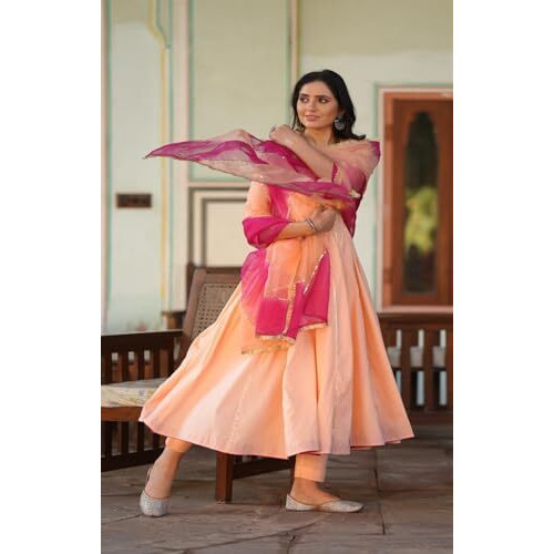 Gosriki Women's Rayon Viscose Solid Anarkali Kurta With Pant & Dupatta (Kuddi Peach-Gs_S_Peach_Small)