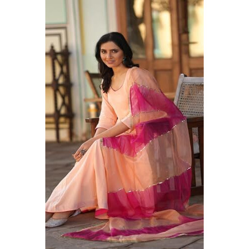 Gosriki Women's Rayon Viscose Solid Anarkali Kurta With Pant & Dupatta (Kuddi Peach-Gs_S_Peach_Small)