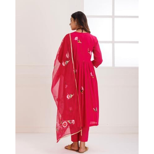 Gosriki Women's Rayon Viscose Printed Anarkali Kurta With Pant & Dupatta (Dilruba Rani-Gs_L_Pink_Large)
