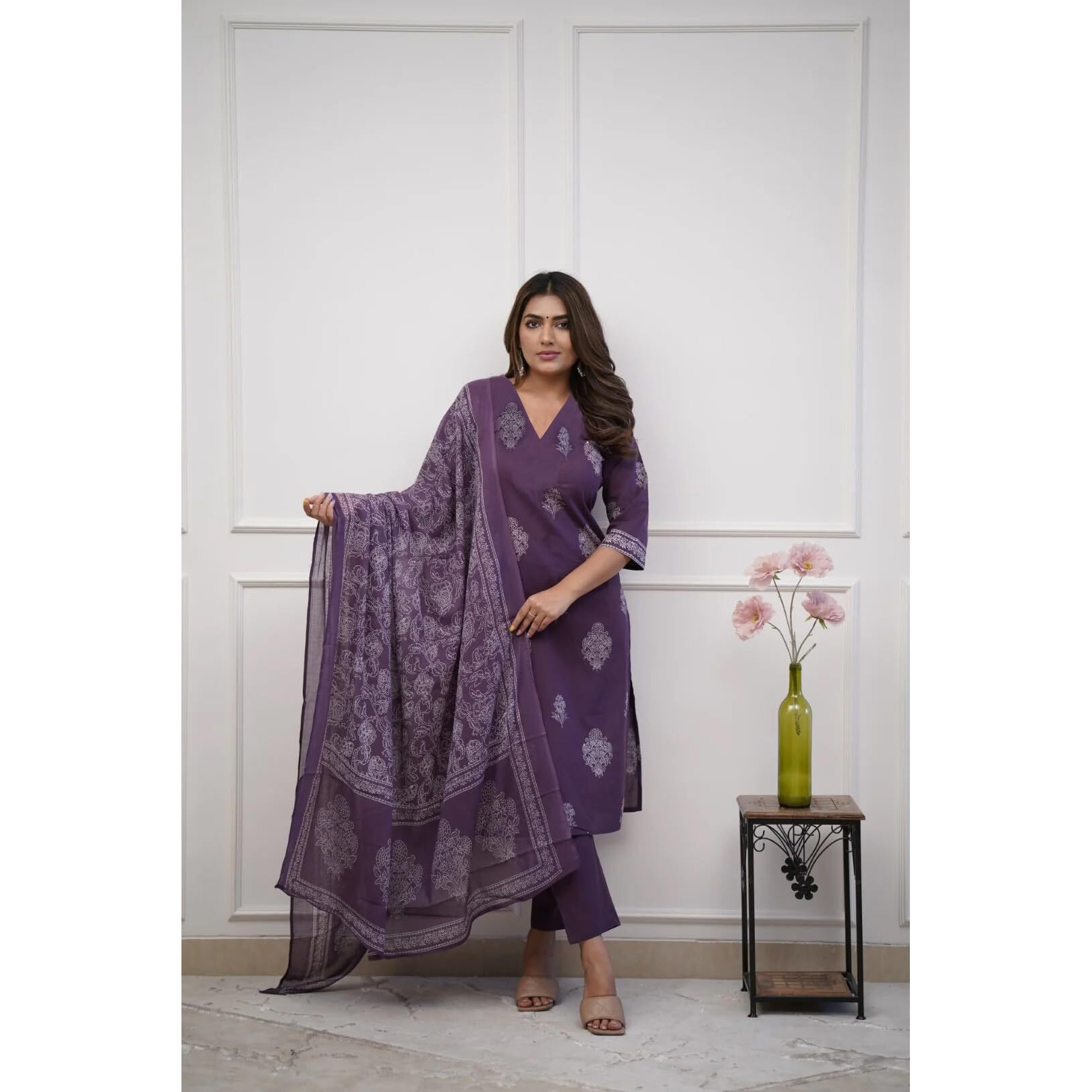 Gosriki Women's Rayon Viscose Straight Printed Kurta With Pant & Dupatta (Kanisha Purple-Gs_S_Purple_Small)