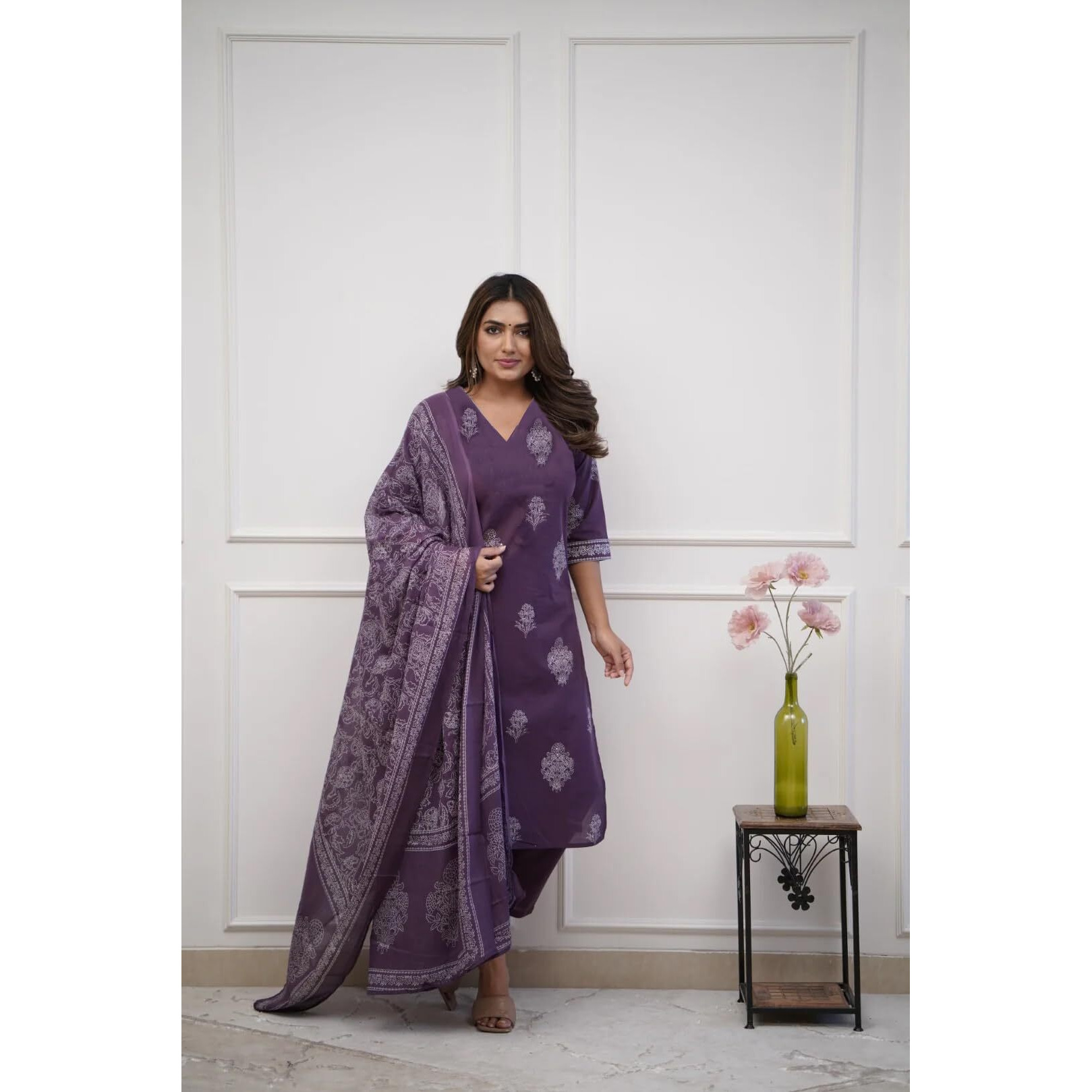Gosriki Women's Rayon Viscose Straight Printed Kurta With Pant & Dupatta (Kanisha Purple-Gs_S_Purple_Small)