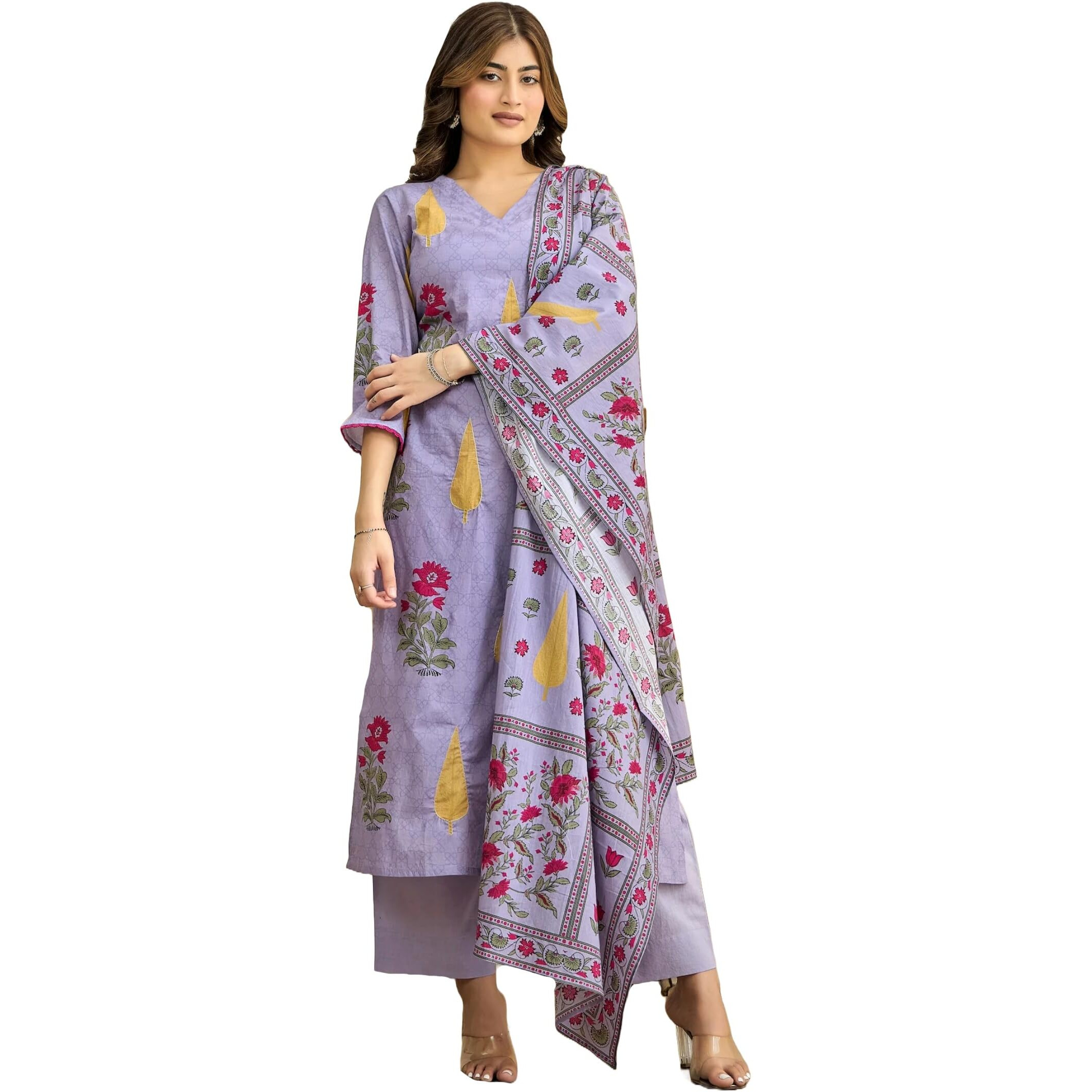 Gosriki Women's Rayon Viscose Printed Straight Kurta With Pant & Dupatta (Dhariti Lavender-Gs_Xl_Lavender_X-Large)