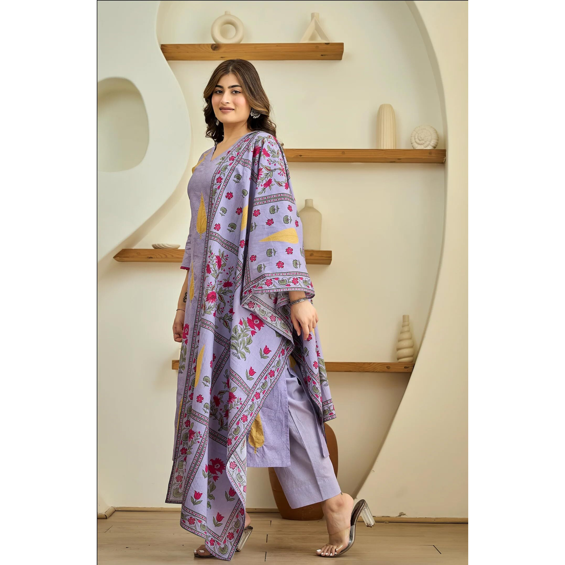 Gosriki Women's Rayon Viscose Printed Straight Kurta With Pant & Dupatta (Dhariti Lavender-Gs_Xl_Lavender_X-Large)