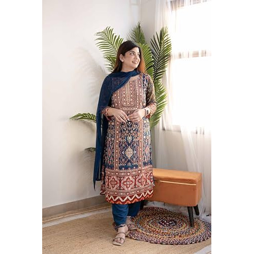 Gosriki Women's Rayon Viscose Printed Straight Kurta With Pant & Dupatta (Ipsita Multi-Gs_S_Multicolor_Small)