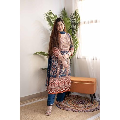 Gosriki Women's Rayon Viscose Printed Straight Kurta With Pant & Dupatta (Ipsita Multi-Gs_S_Multicolor_Small)