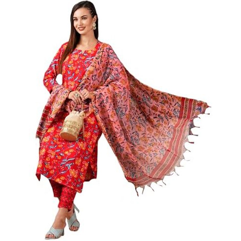 Gosriki Women's Cotton Blend Straight Printed Kurta With Pant & Dupatta (Ja Gadi Red-Ns-Gs_Xl_Red_X-Large)