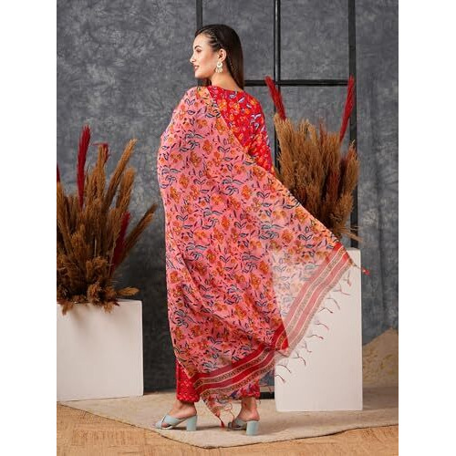 Gosriki Women's Cotton Blend Straight Printed Kurta With Pant & Dupatta (Ja Gadi Red-Ns-Gs_Xl_Red_X-Large)