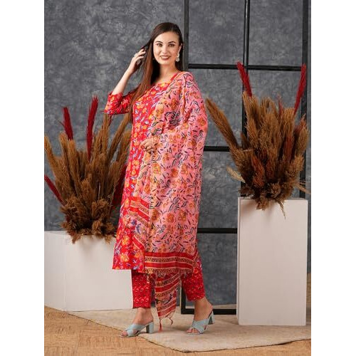 Gosriki Women's Cotton Blend Straight Printed Kurta With Pant & Dupatta (Ja Gadi Red-Ns-Gs_Xl_Red_X-Large)