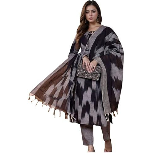 Gosriki Women's Rayon Viscose Printed Straight Kurta With Pant & Dupatta (Sonapur Black-Vks01-Gs_M_Black_Medium)