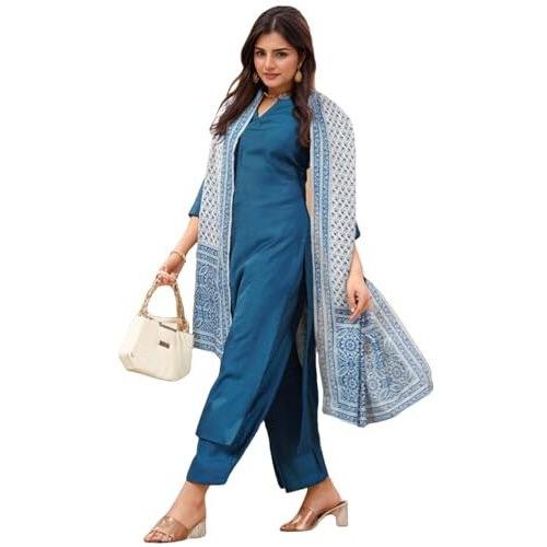 Gosriki Women's Rayon Viscose Solid Straight Kurta With Pant & Dupatta (Vardhan Blue-Vks01-Gs_Xxl_Blue_Xx-Large)