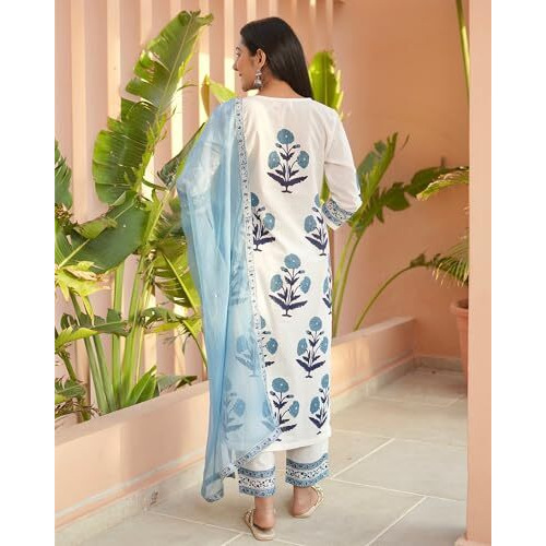 Gosriki Women's Rayon Viscose Straight Printed Kurta With Pant & Dupatta (Dayita White-Vks01-Gs_S_White_Small)