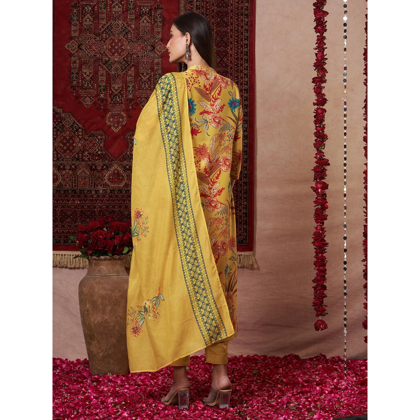 Gosriki Women's Rayon Viscose Printed Straight Kurta With Pant & Dupatta (Pubani Mustard-Vks01-Gs_M_Mustard_Medium)