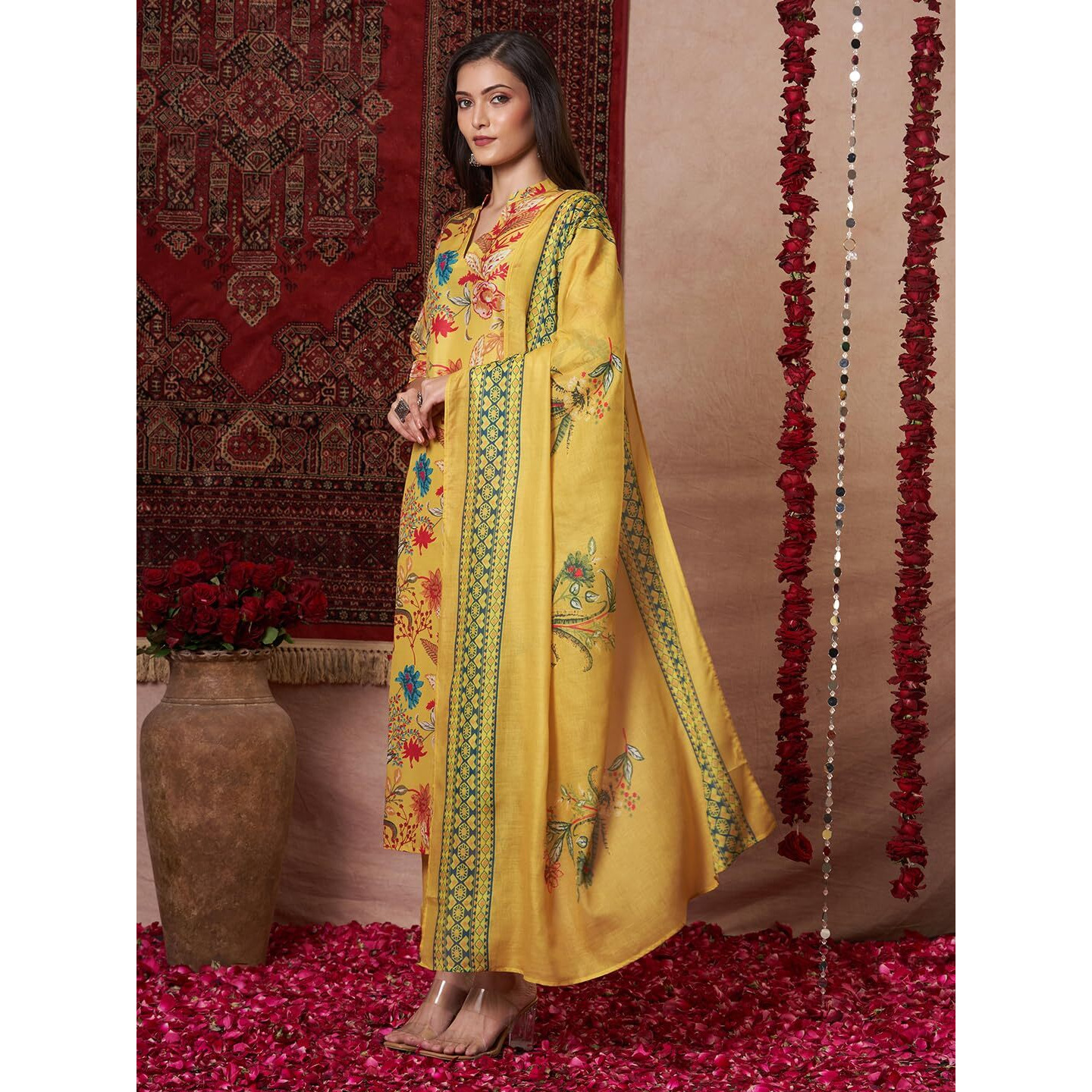 Gosriki Women's Rayon Viscose Printed Straight Kurta With Pant & Dupatta (Pubani Mustard-Vks01-Gs_M_Mustard_Medium)