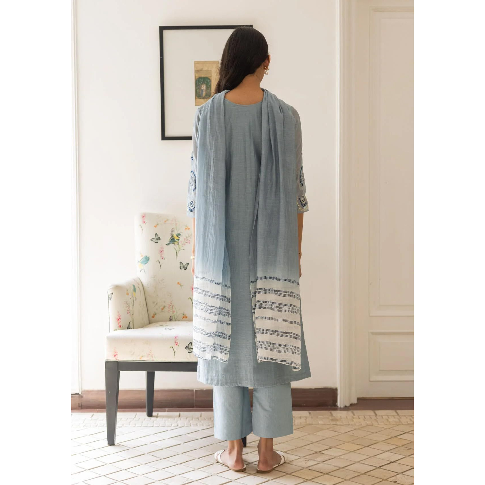 Gosriki Women's Rayon Viscose Printed Straight Kurta With Pant & Dupatta (Gana Blue-Gs_S_Blue_Small)