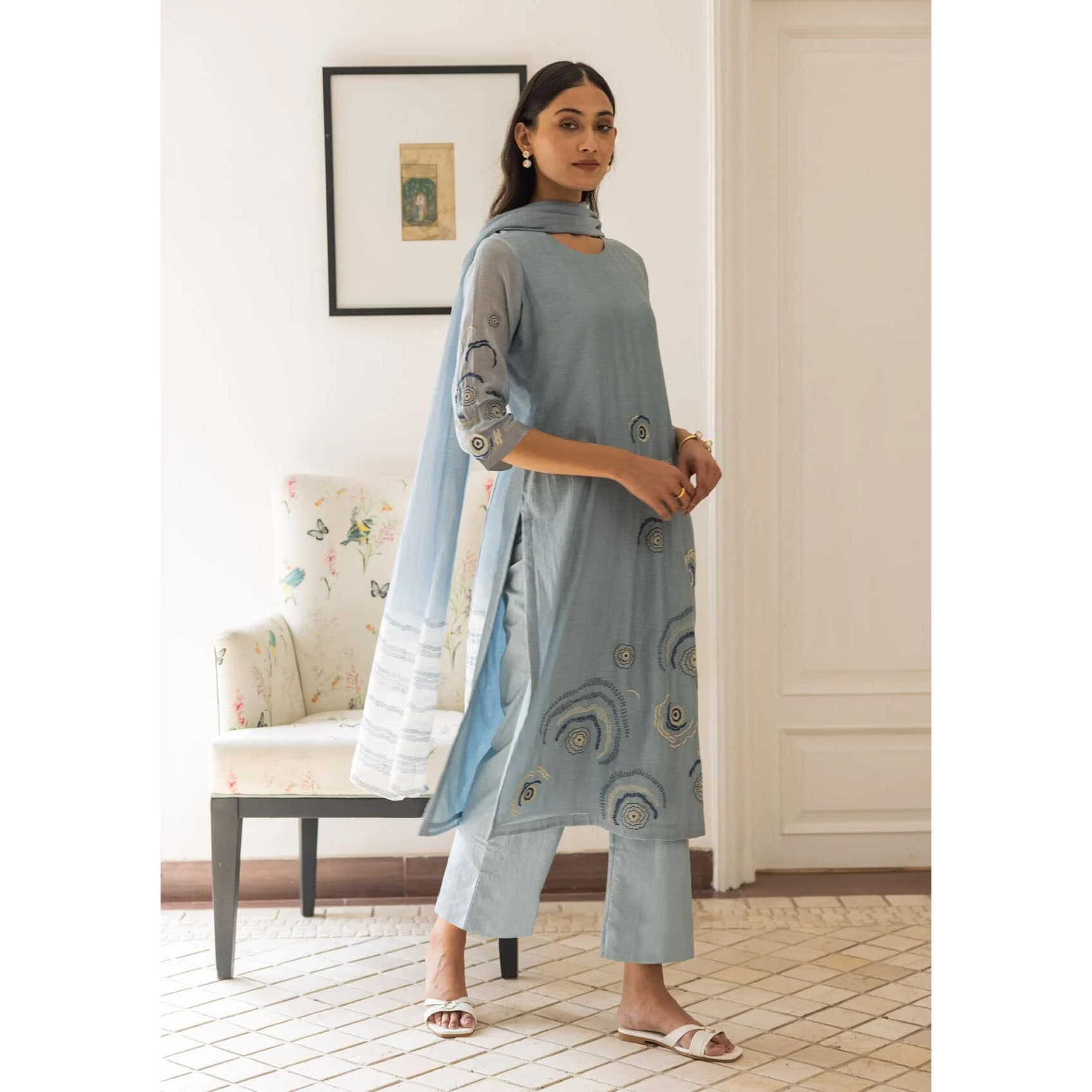 Gosriki Women's Rayon Viscose Printed Straight Kurta With Pant & Dupatta (Gana Blue-Gs_S_Blue_Small)