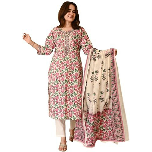 Gosriki Women's Rayon Viscose Printed Straight Kurta With Pant & Dupatta (Upasana Multi-Gs_Xxl_Multicolor_Xx-Large)