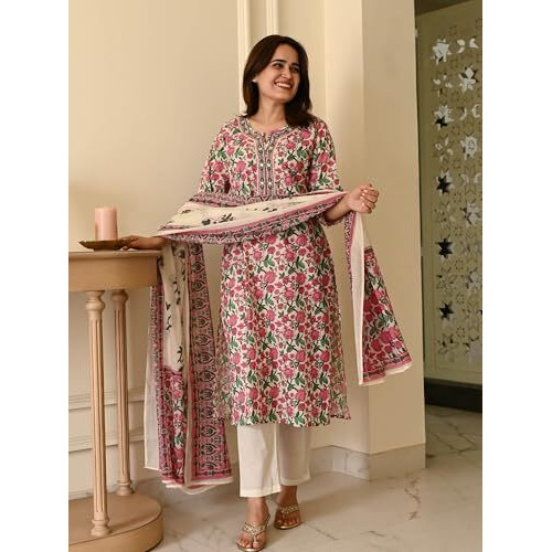 Gosriki Women's Rayon Viscose Printed Straight Kurta With Pant & Dupatta (Upasana Multi-Gs_Xxl_Multicolor_Xx-Large)