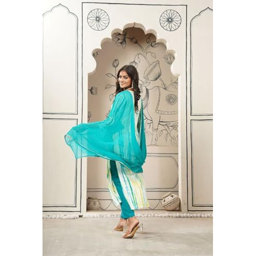 Gosriki Women's Rayon Viscose Straight Printed Kurta With Pant & Dupatta (Tiedye Rama Green-Vks08-Gs_3Xl_Green_Xxx-Large)
