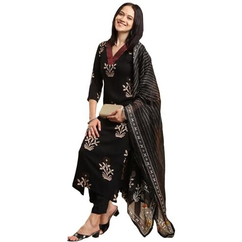 Gosriki Women's Rayon Blend Straight Printed Kurta With Pant & Dupatta (Jimny Black-Vks03-Gs_S_Black_Small)